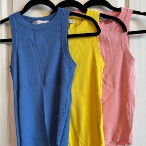 Zara Ribbed Tank Tops - Blue, Yellow, Pink